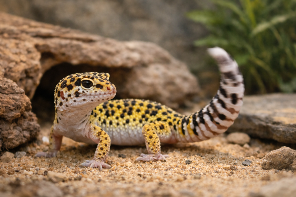 Gekon lamparci macha ogonem w terrarium podczas obserwacji otoczenia
