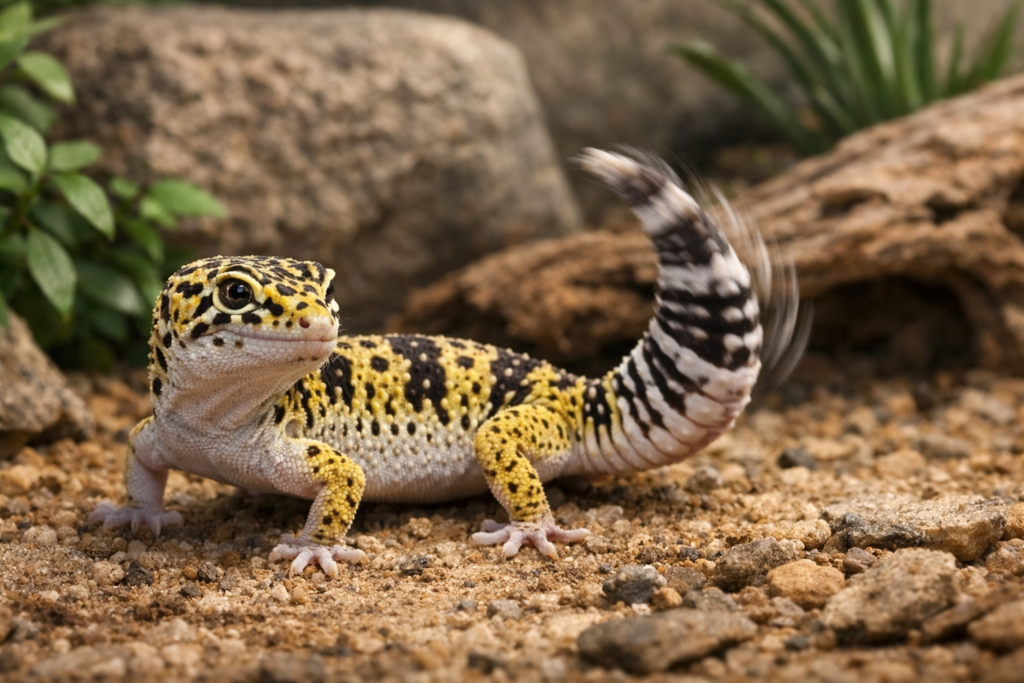 Gekon lamparci macha ogonem w terrarium podczas obserwacji otoczenia