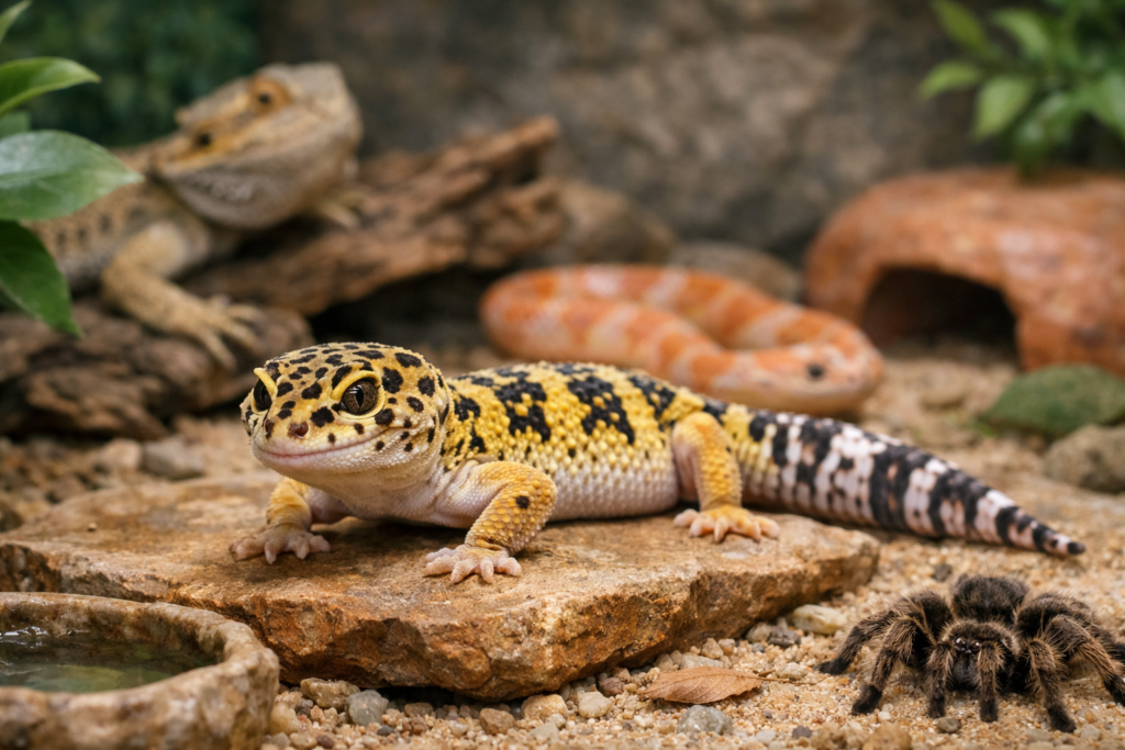 Gekon lamparci w terrarium spokojnie obserwuje otoczenie
