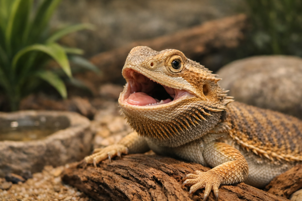 Agama brodata z lekko otwartym pyskiem na tle terrarium, widoczna strefa wygrzewania