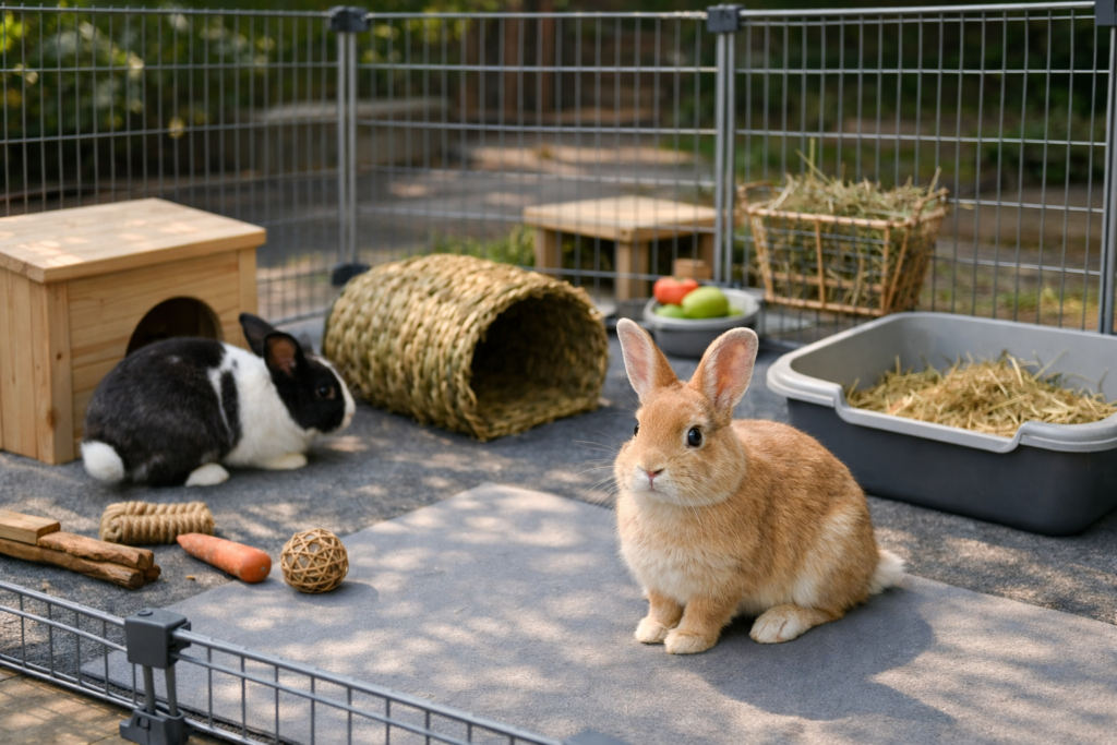 Króliki w bezpiecznym wybiegu z panelami, kuwetą i nieśliską matą