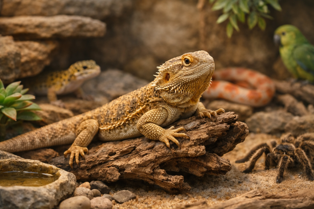 Agama brodata w dobrze przygotowanym terrarium z miejscem do wygrzewania i spokojną strefą odpoczynku