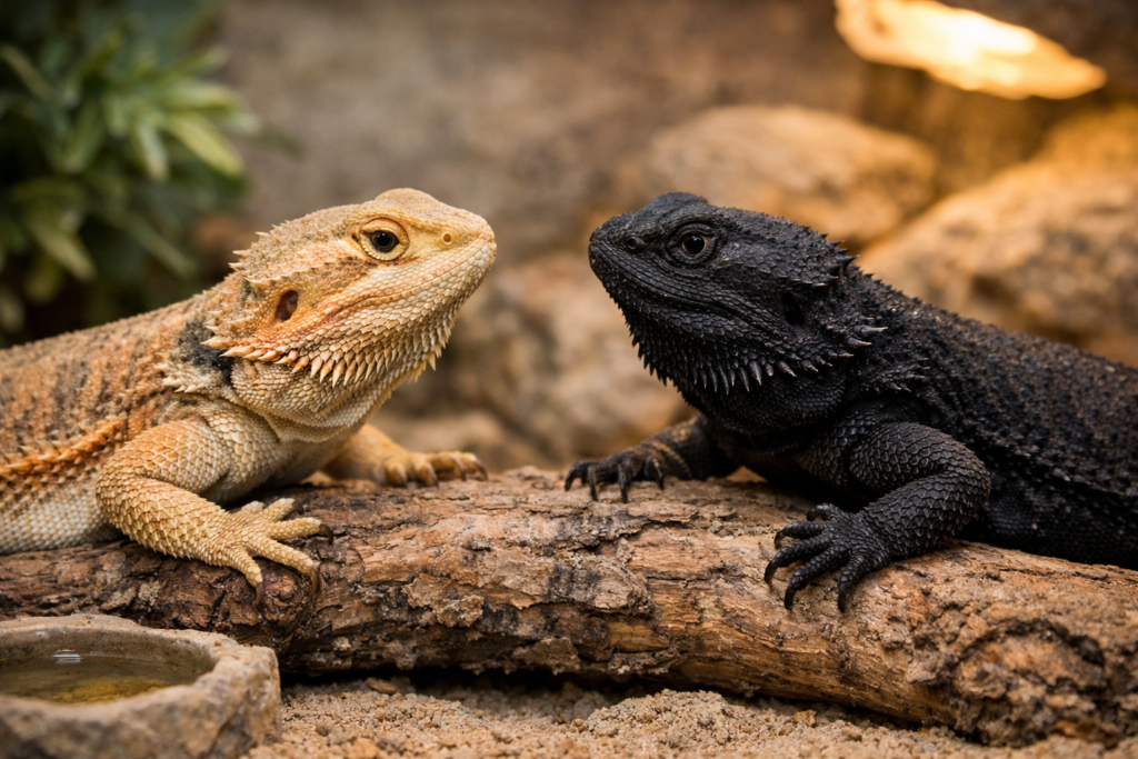 Agama brodata z ciemniejszym ubarwieniem wygrzewająca się pod lampą w terrarium