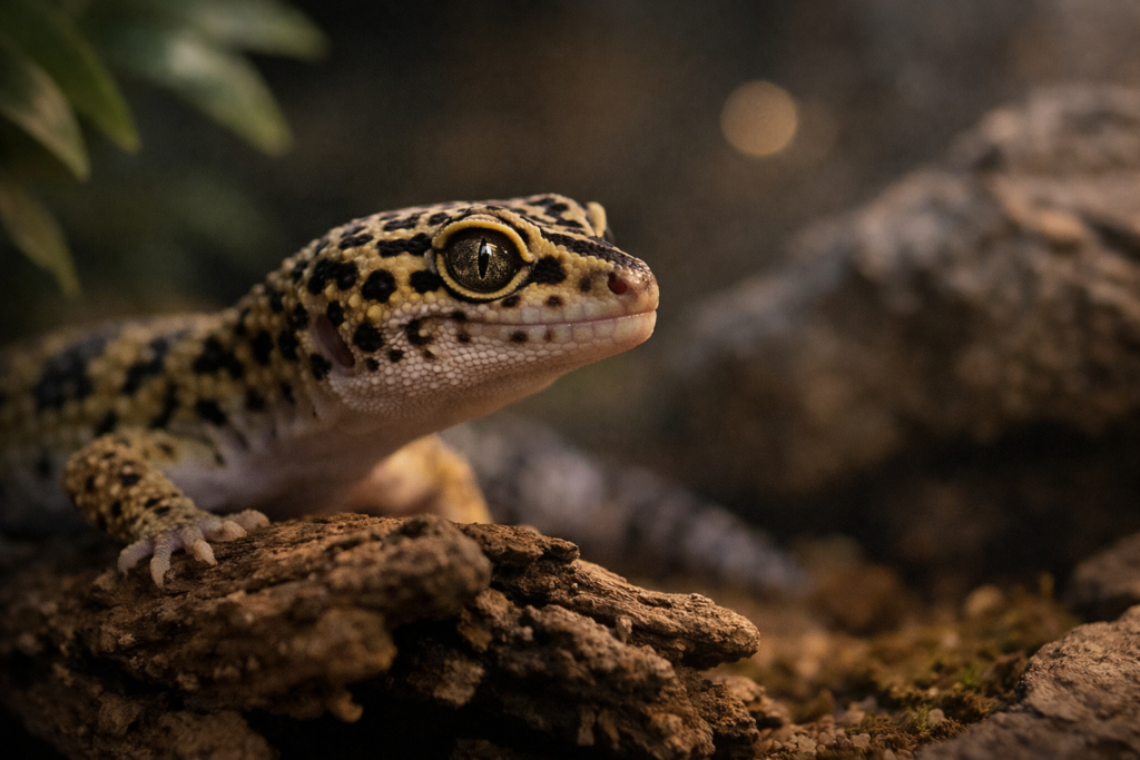 Gekon lamparci obserwujący otoczenie przy słabym świetle w terrarium