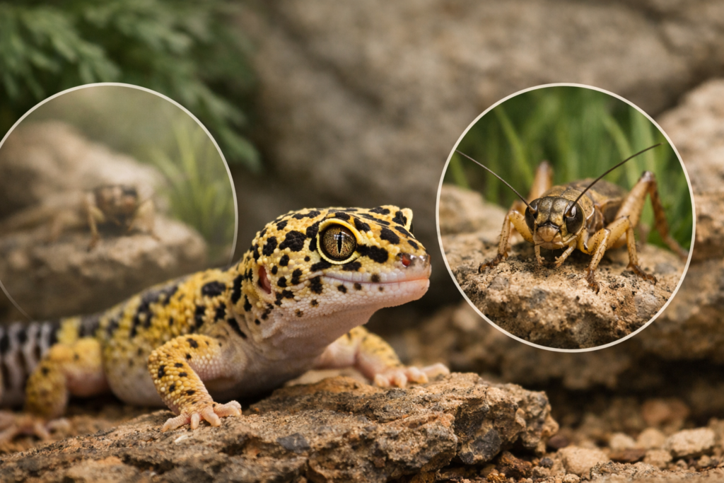 Gekon lamparci obserwujący otoczenie przy słabym świetle w terrarium