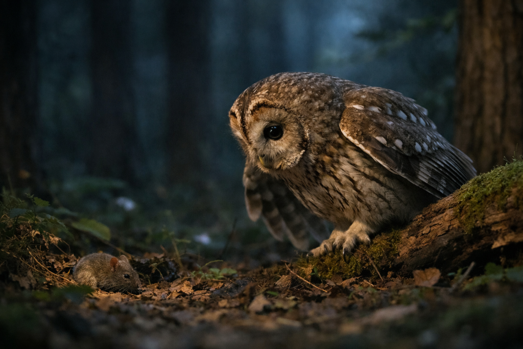 Sowa polująca nocą w lesie, wykorzystująca bardzo dobry słuch do lokalizowania dźwięków.