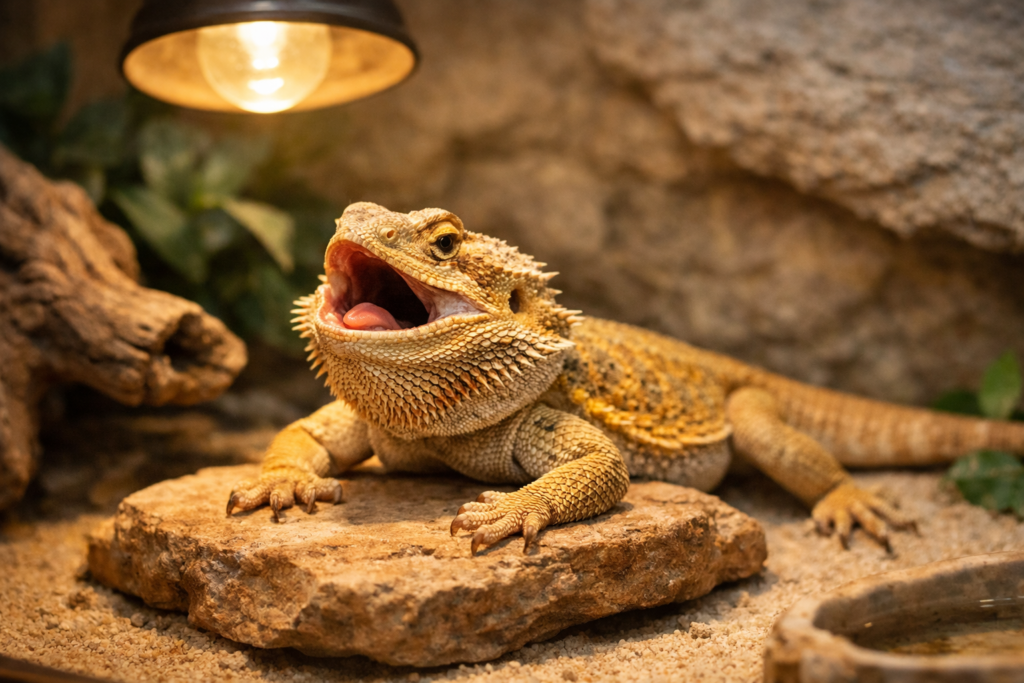 Agama brodata z otwartą buzią wygrzewająca się pod lampą w terrarium