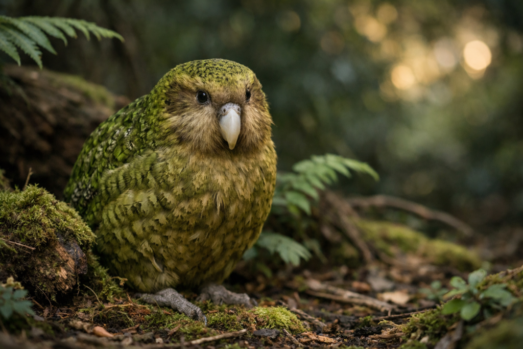 Kakapo, rzadka nielatająca papuga z Nowej Zelandii – przykład gatunku trudno spotykanego w naturze